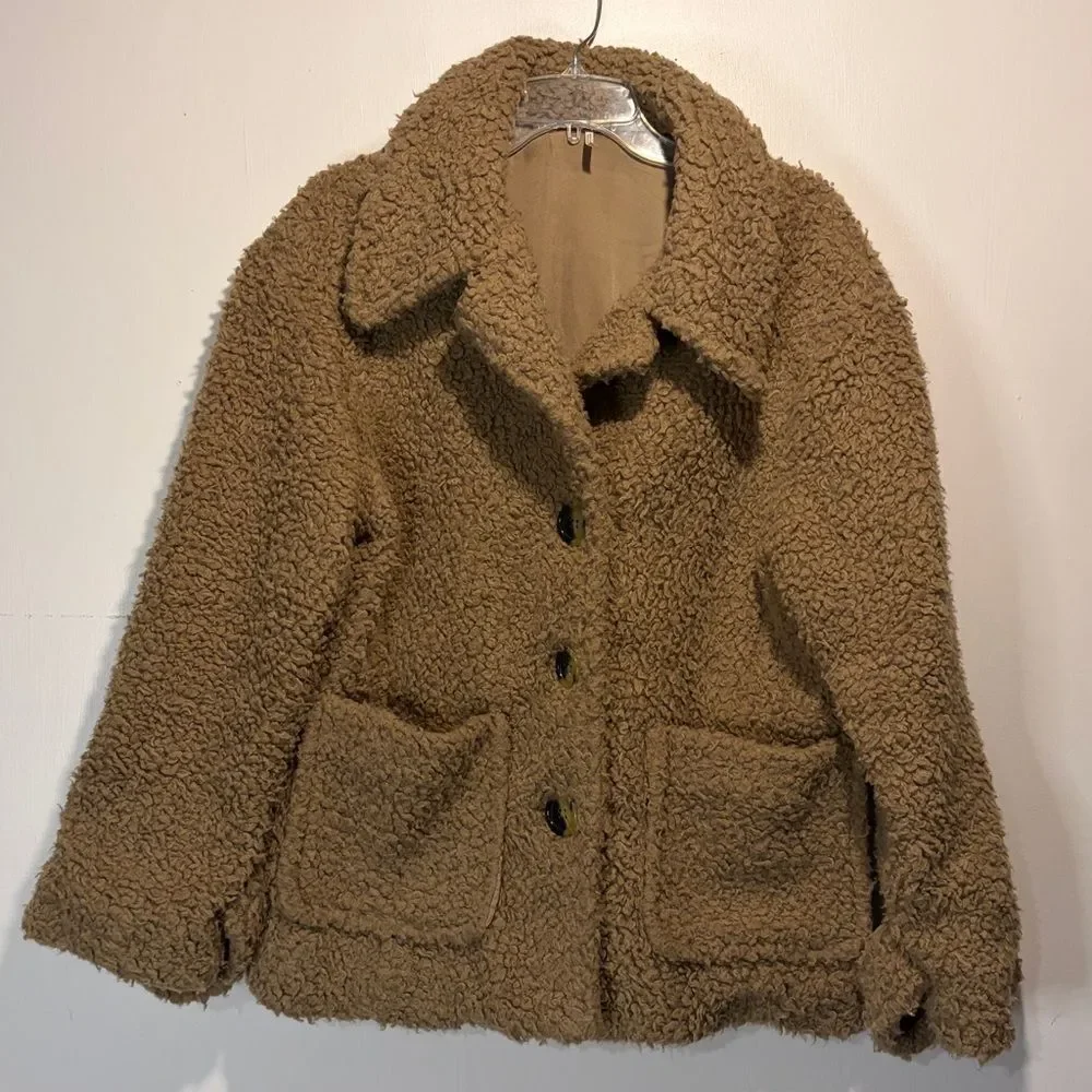 Free People- So Soft Cozy Peacoat Oversized Sherpa Jacket Pockets Buttons Size M